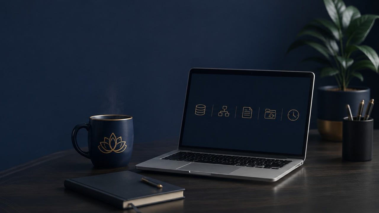 A refined workspace with a laptop displaying organizational system icons